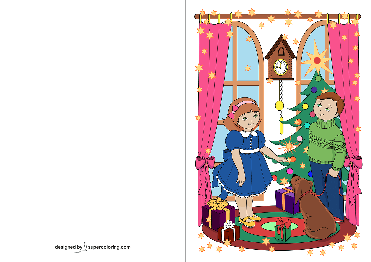 Little sister and brother are about to celebrate happy new year card free printable papercraft templates