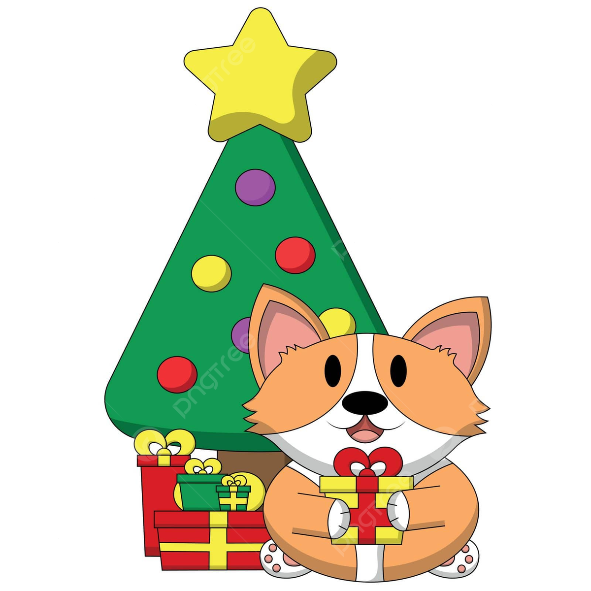In color a festive corgi with a christmas tree and gift box vector art animal christmas tree png and vector with transparent background for free download