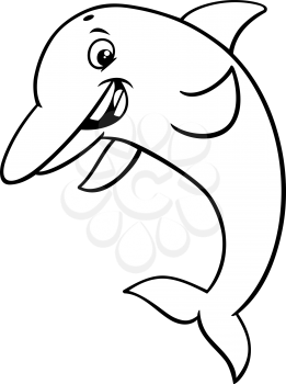Black and white cartoon illustration of dolphin sea life animal character coloring book page