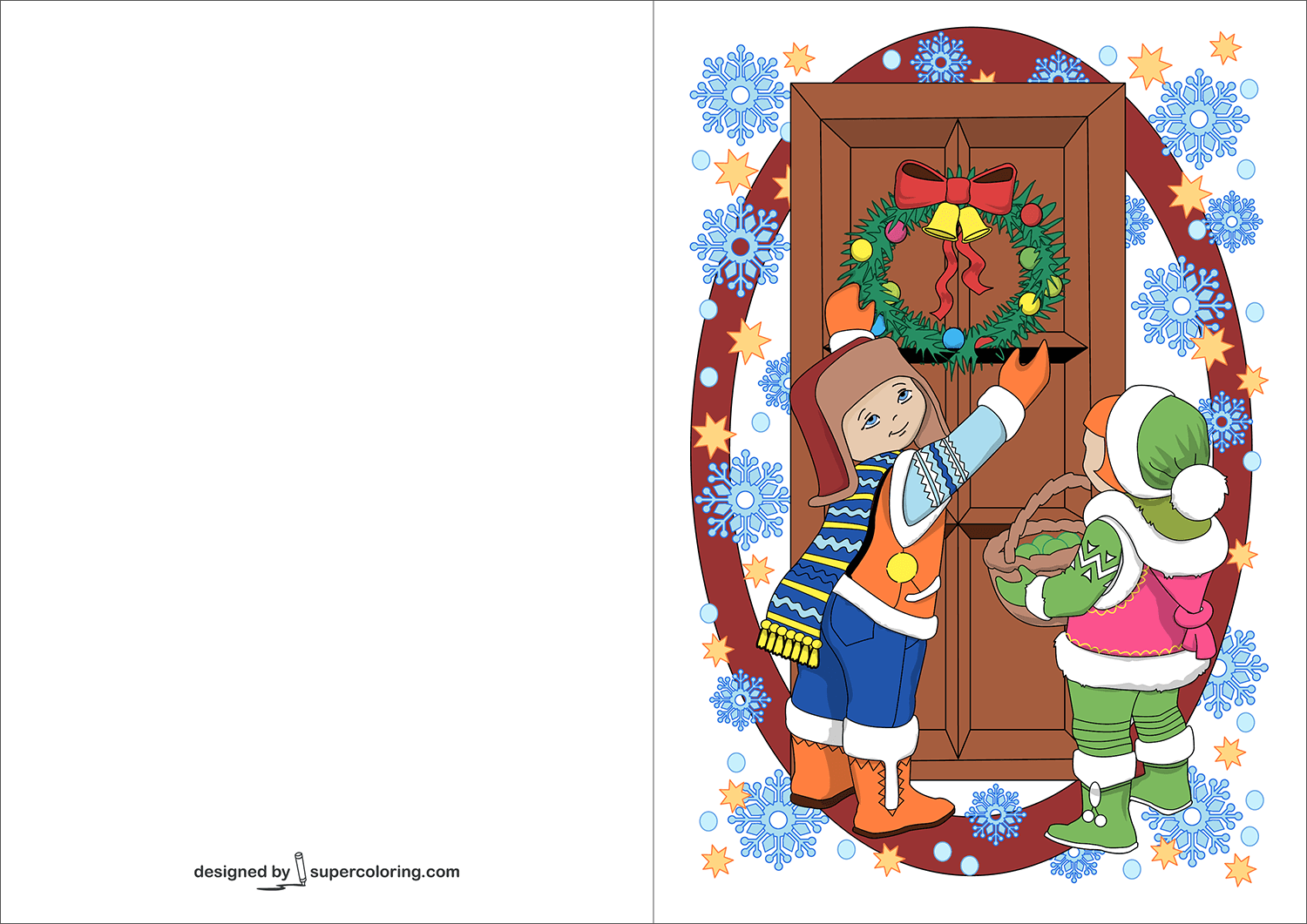 Children decorating a door with christmas wreath card free printable papercraft templates