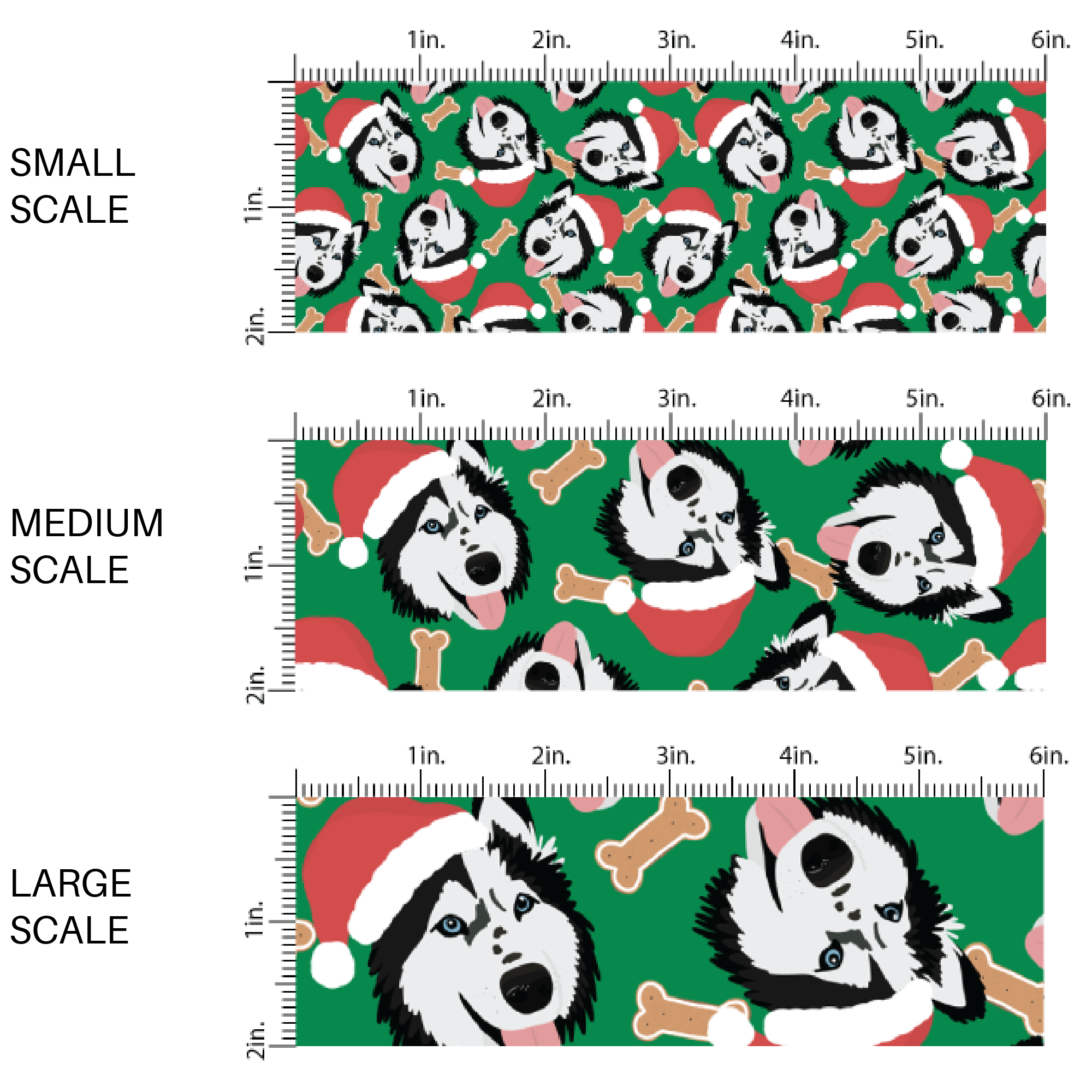 Christmas dogs with santa hats on green fabric by the yard
