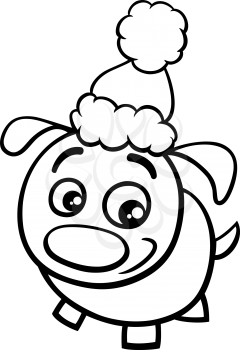 Black and white cartoon illustration of cute dog or puppy animal character on christmas time coloring book