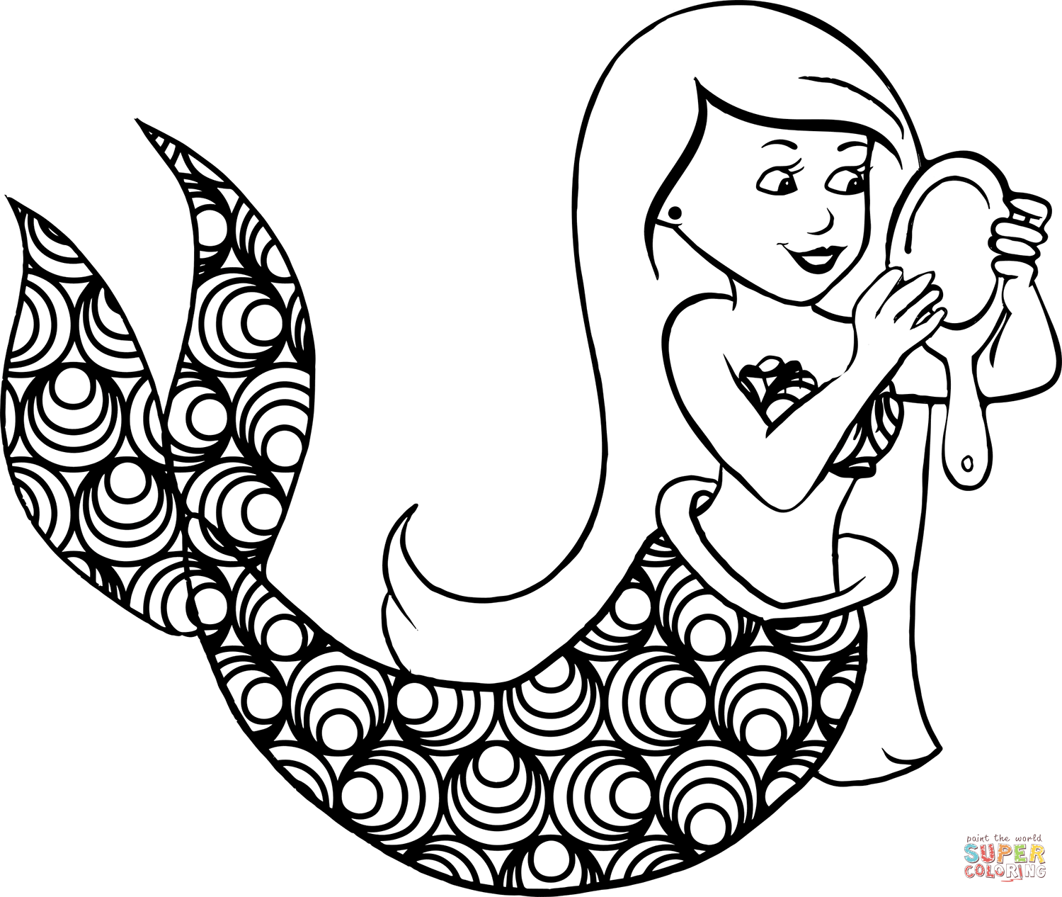 Mermaid with mirror coloring page free printable coloring pages