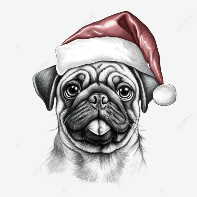 Sketch dog in santa claus hat hand drawn christmas image of puppy pug portrait in santa s hat christmas dog png transparent image and clipart for free download