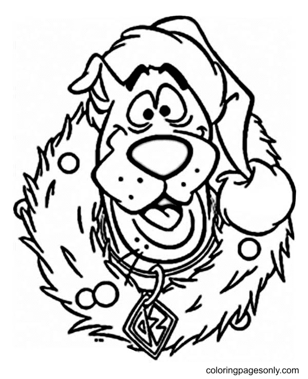 Scooby doo wearing christmas wreath on christmas coloring page