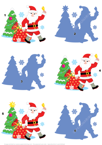 Match the pictures of santa and christmas tree to their shadows free printable puzzle games