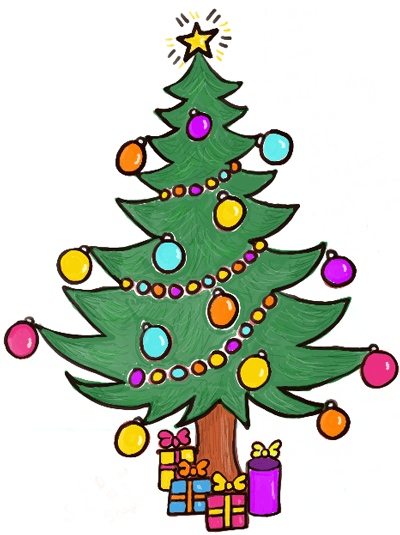 How to draw a christmas tree with gifts presents under it