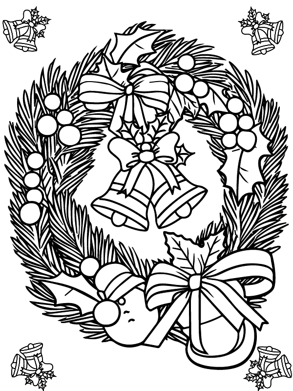 Christmas wreath and bells coloring page