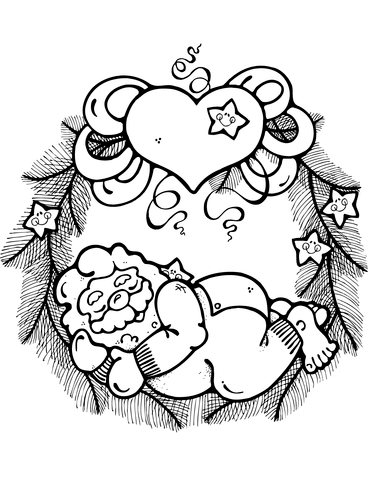 Wreath with sleeping santa claus decorated with hearts and stars coloring page free printable coloring pages