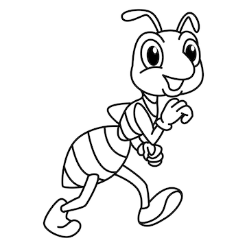 Pãgina para colorear de dibujos animados divertido hormiga caminando vector premium