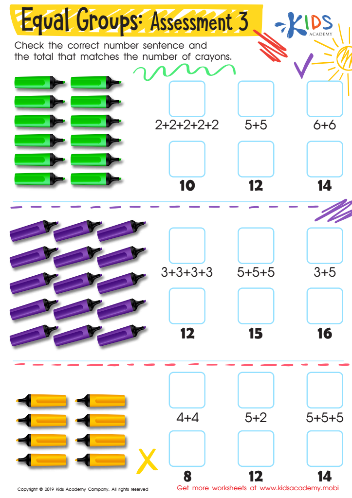 Equal groups assessment worksheet for kids