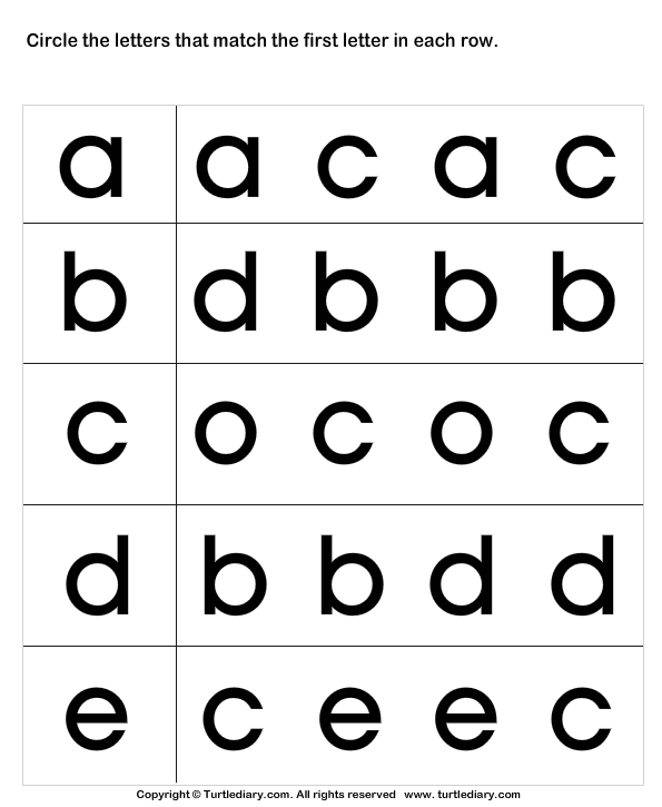 Circle the matching letter a b c d e turtle diary worksheet