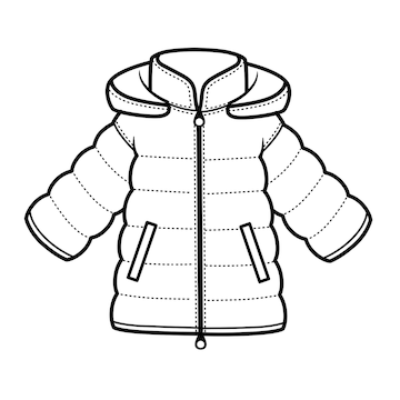 Premium vector padded downy winter jacket with hood outline for coloring on a white background