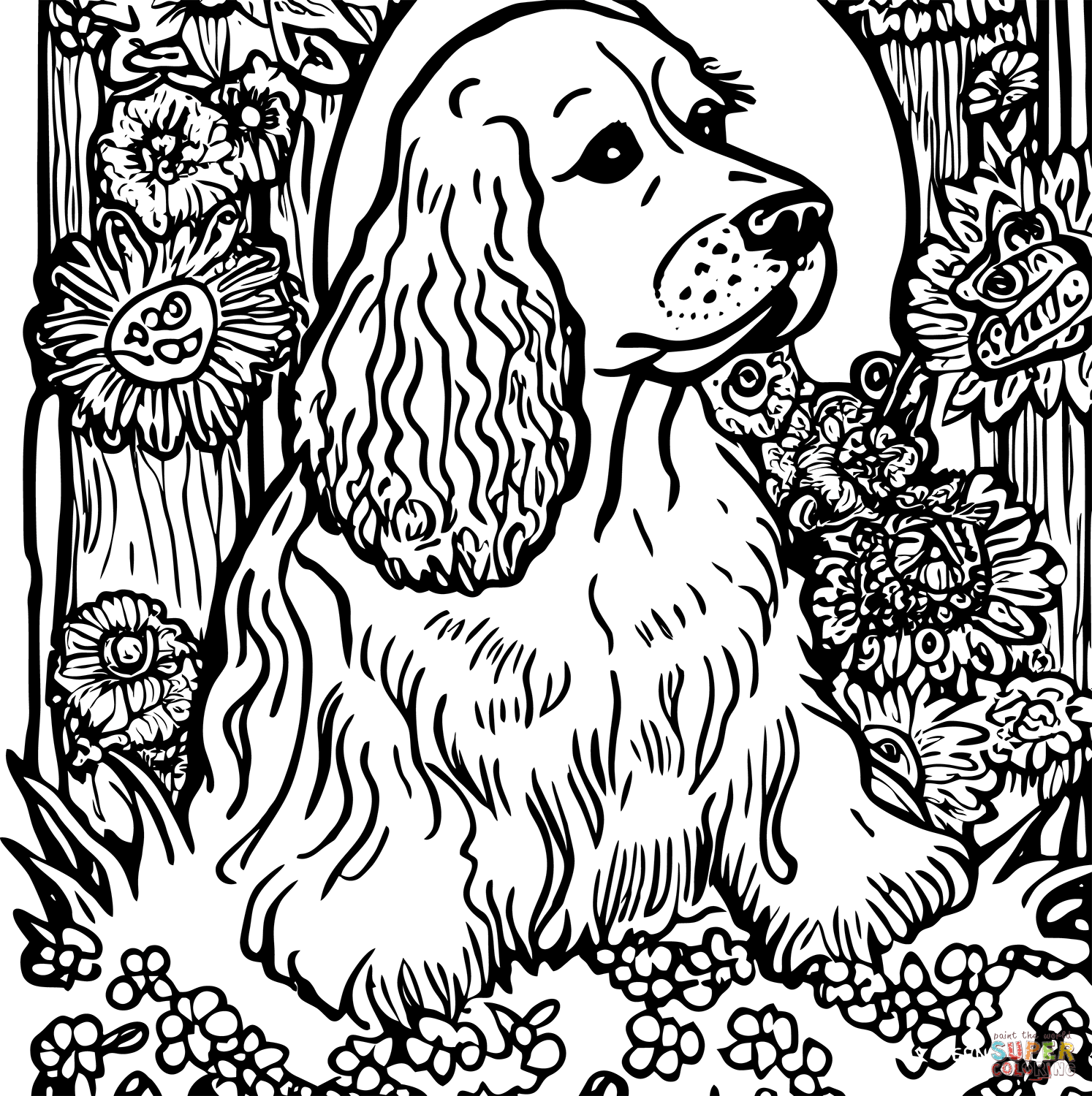 Cocker spaniel in flowers coloring page free printable coloring pages
