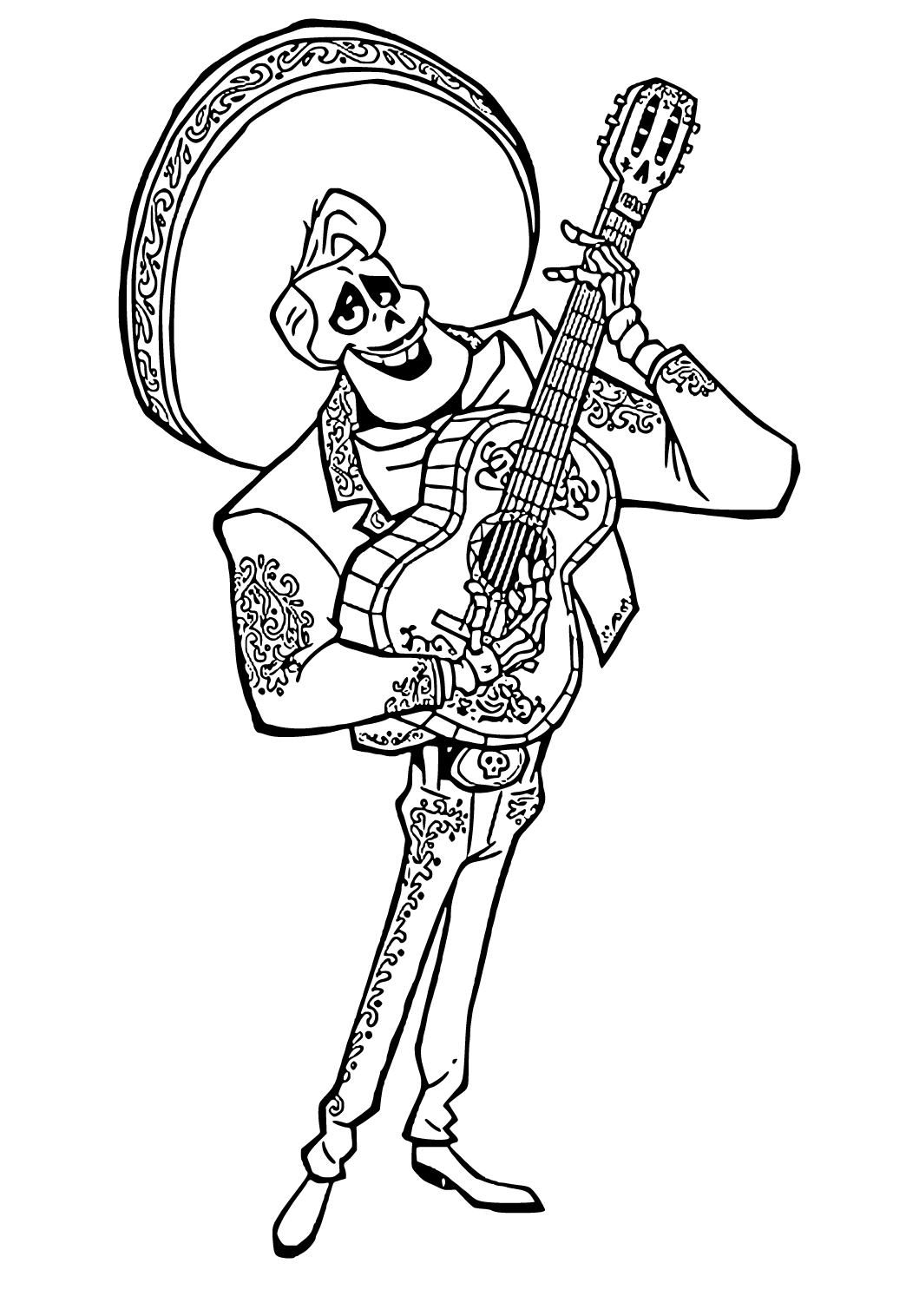 Free printable coco musician coloring page for adults and kids