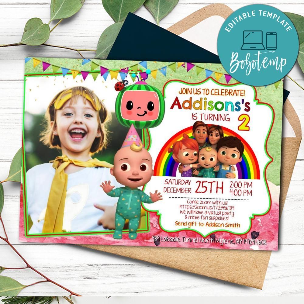 Printable coelon virtual party invitation template with photo