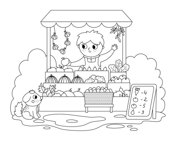 Vector black and white farmer selling fruit and vegetables in a street stall icon cute outline farm market scene rural country vendor funny farm cartoon salesman illustration or coloring page stock illustration