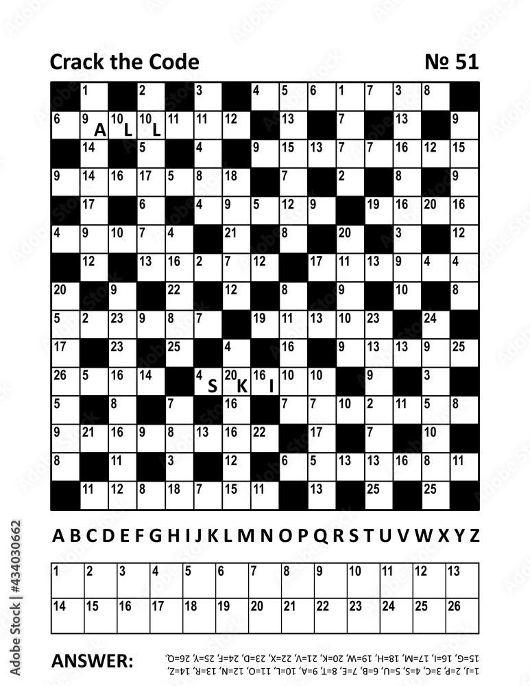 Vektorbilden crack the code crossword puzzle page with codebreaker or codeword or code cracker word game large print family friendly two hints x grid answer included