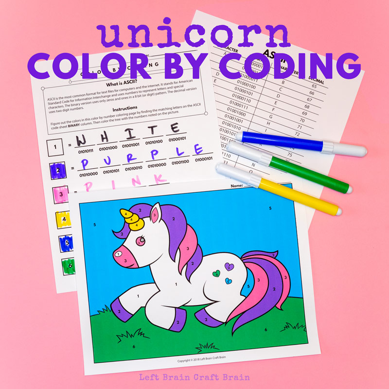 Color by coding unicorn coloring page