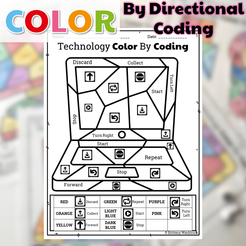 Technology color by directional coding icons printables