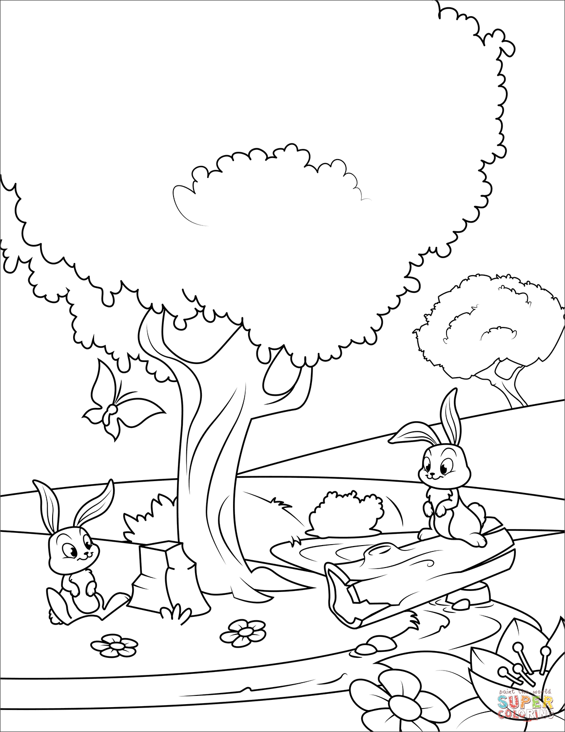 Desenho de coelhos na floresta na primavera para colorir desenhos para colorir e imprimir gratis