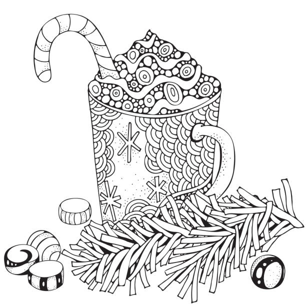 Cup with hot coffee adult coloring book page christmas decoration handdrawn vector illustration black and white pattern stock illustration