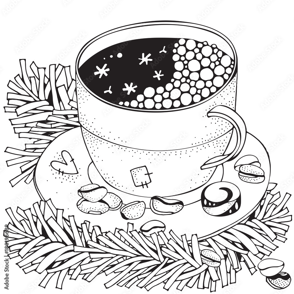Cup with hot coffee adult coloring book page christmas decoration coffee beans hand vector