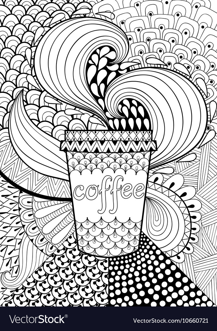 Coffee patterned background for adult coloring vector image