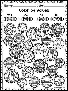 Identifying coins and values coloring worksheet homeschool education homeschool math money math