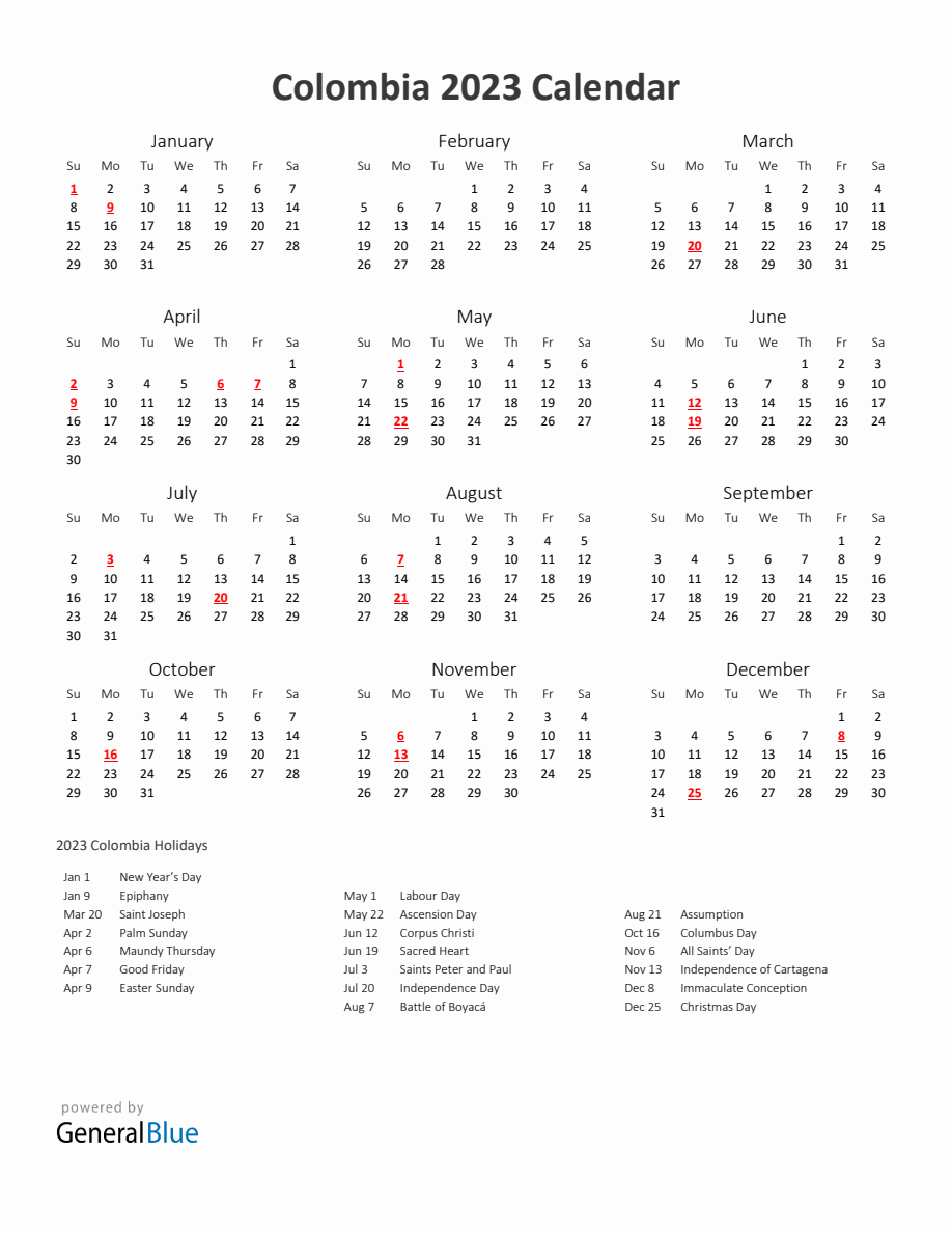 Yearly calendar printable with colombia holidays