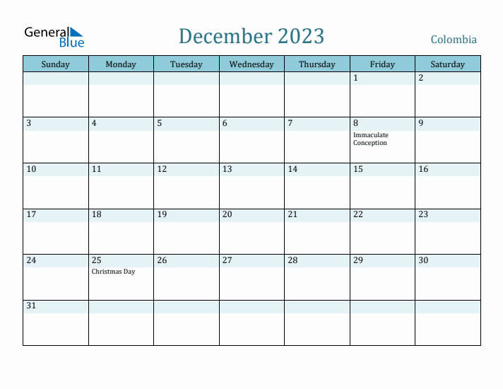 December monthly calendar with colombia holidays