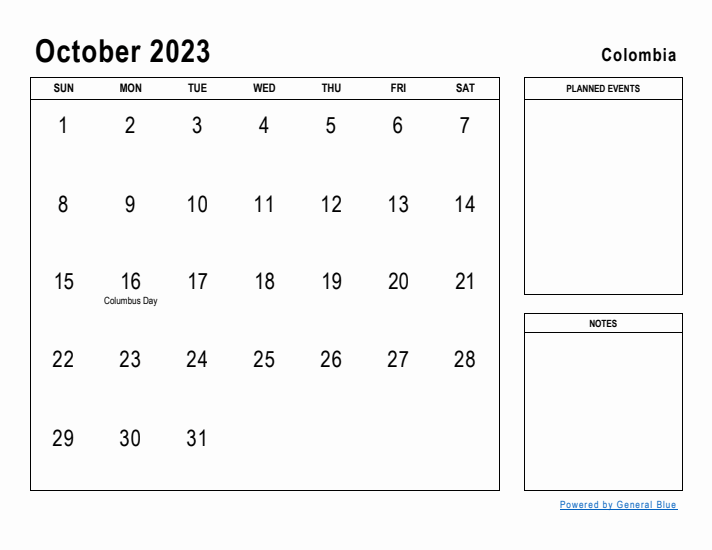 October monthly calendar with colombia holidays