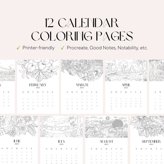 Monthly calendar coloring pages adult coloring pages stress relieve art therapy standing calendar download now