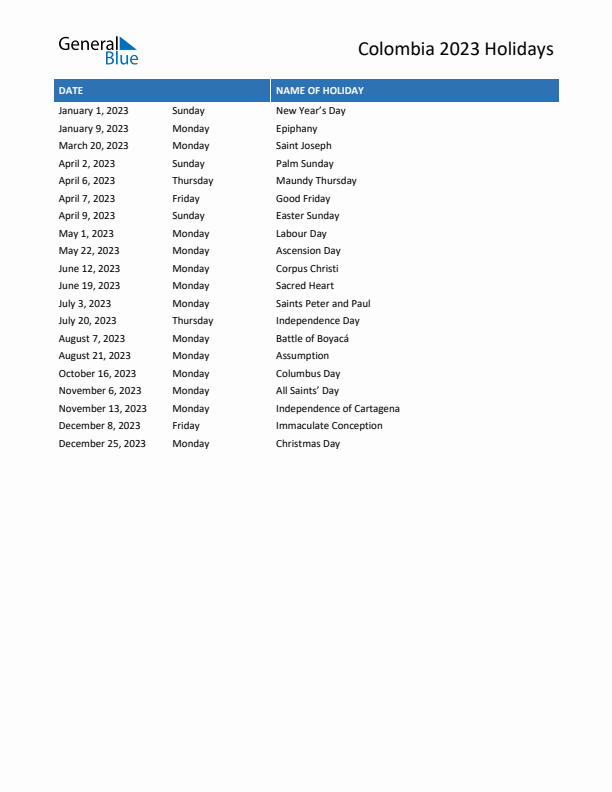 Colombia list of holidays in pdf word and excel