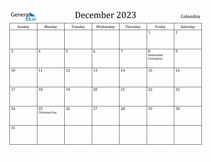 December monthly calendar with colombia holidays