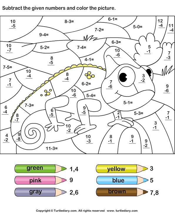 Color by subtracting numbers math coloring worksheets color worksheets math coloring