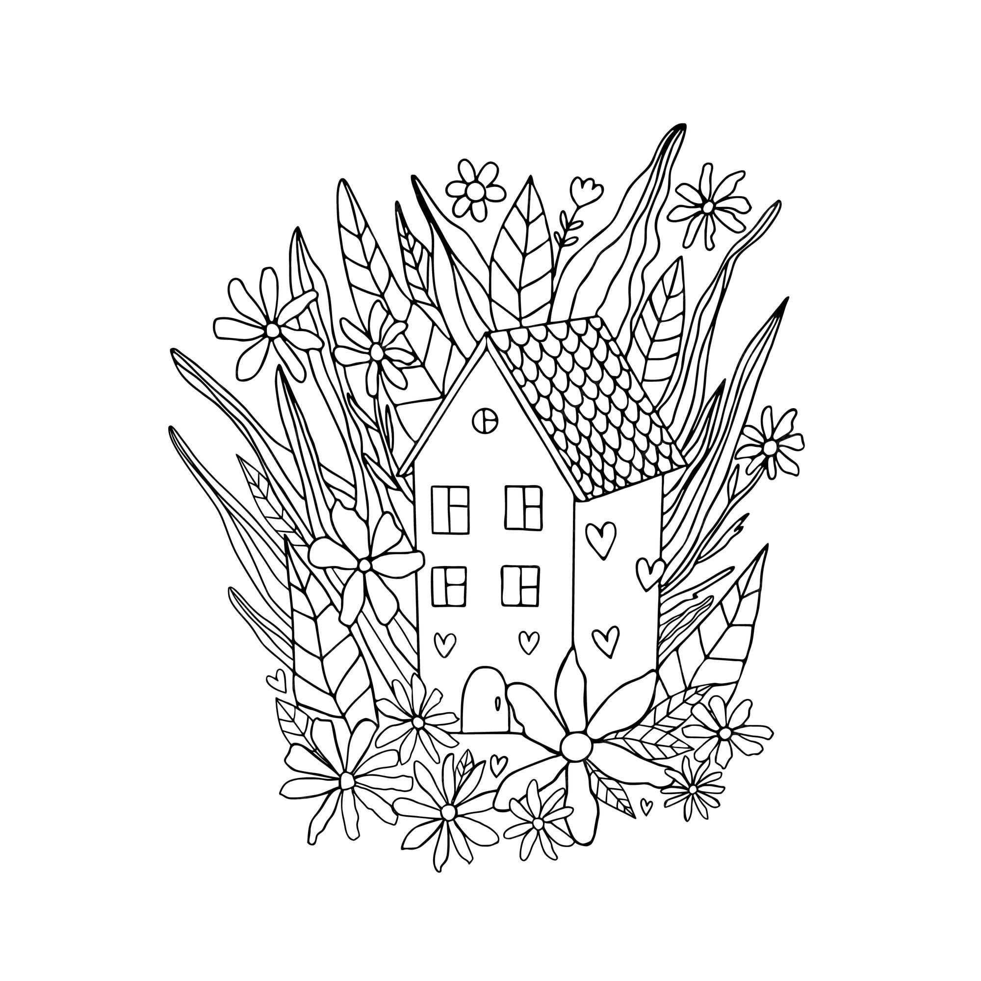 Premium vector house flowers coloring pages cozy country houses with flowers and leaf colouring book in doodle style vector illustration