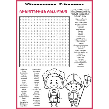 Christopher columbus day coloring word search puzzle worksheets activities