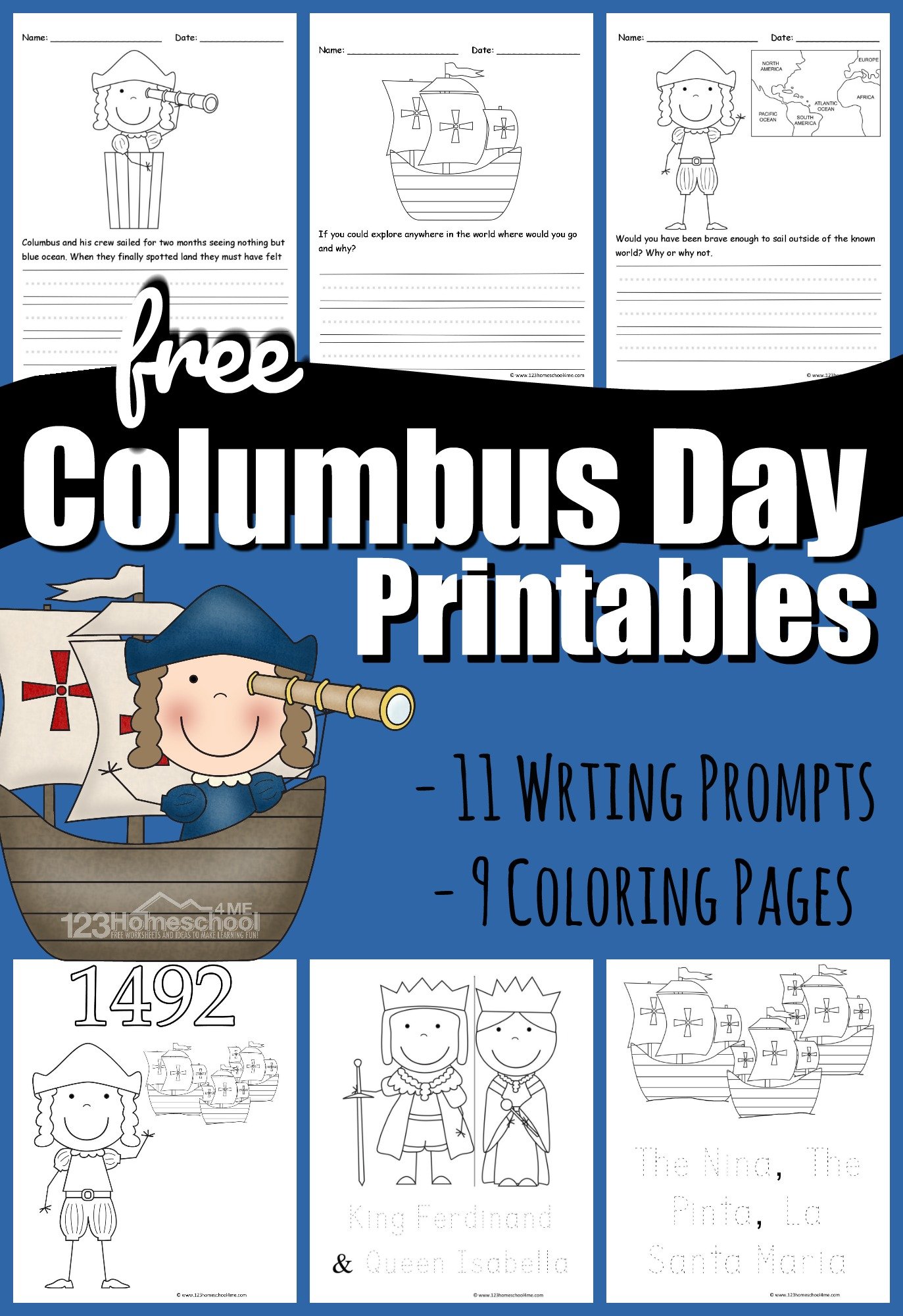 Free columbus day coloring pages writing prompt worksheets