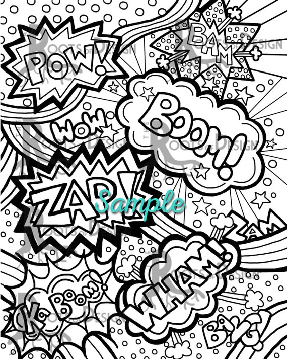 Instant download coloring page ic book words pop art print zentangle inspired doodle art printable