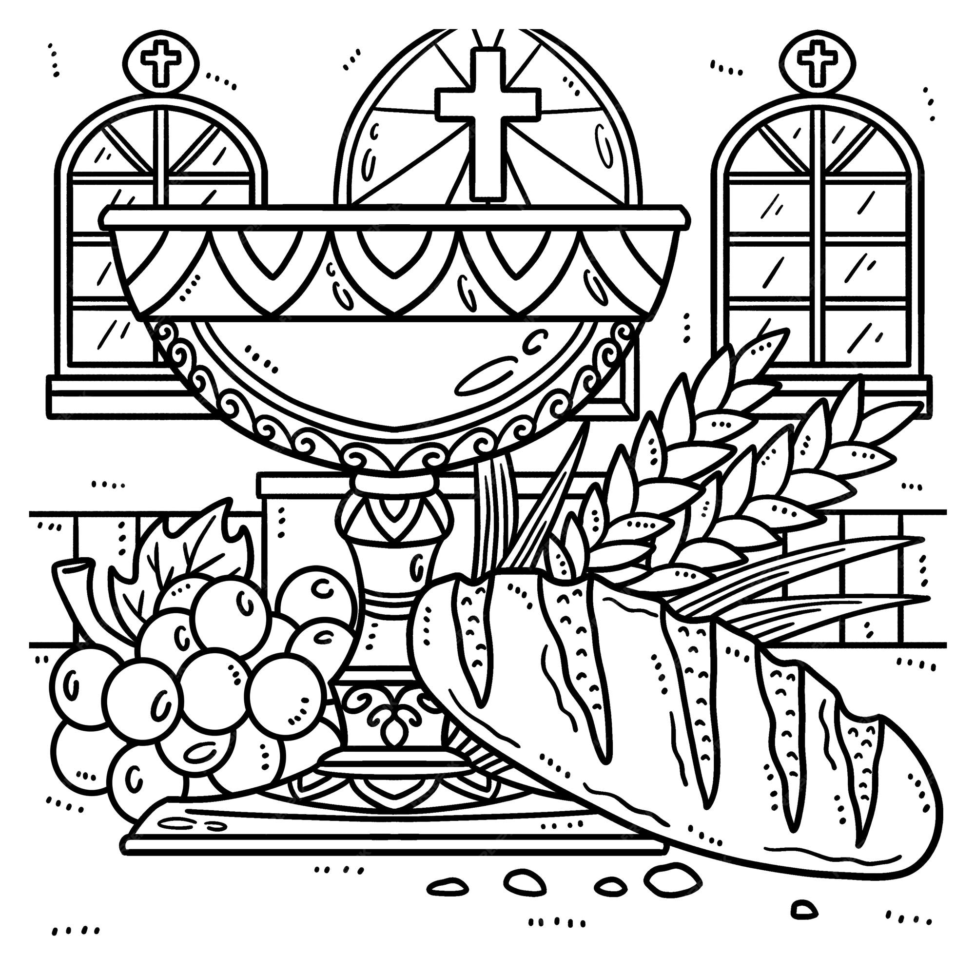 Premium vector christian chalice and bread of life coloring page