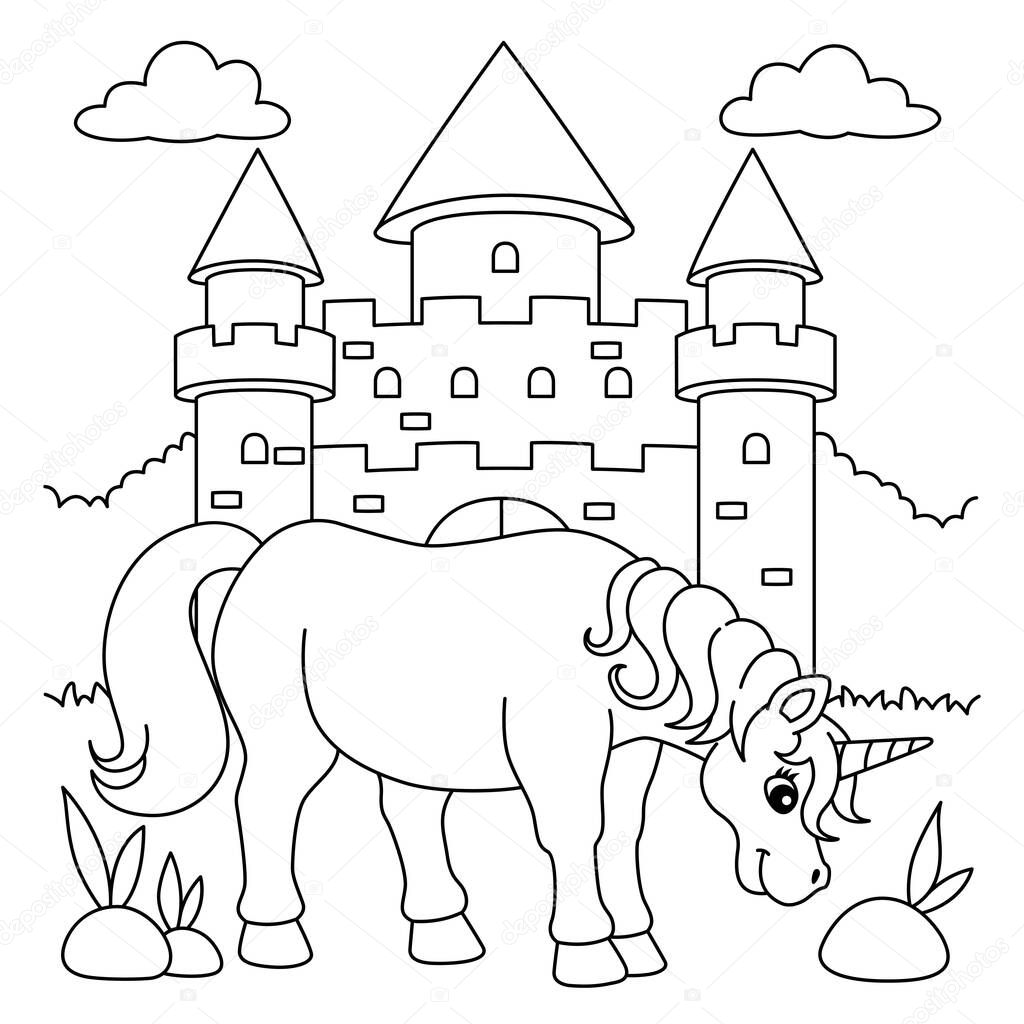Pãgina para colorear del castillo de unicornio para niãos vector de stock de abbydesign
