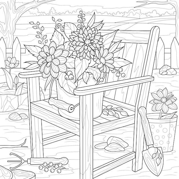 Flor en una silla en el jardãn jardinerãa libro para colorear antitrãs para niãos y adultos ilustraciãn aislada sobre fondo blanco tilo zentangle dibujar a mano vector premium