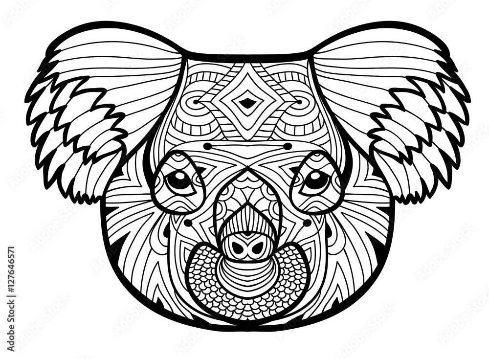 The head of the koala totem coloring page for adults monochrome hand