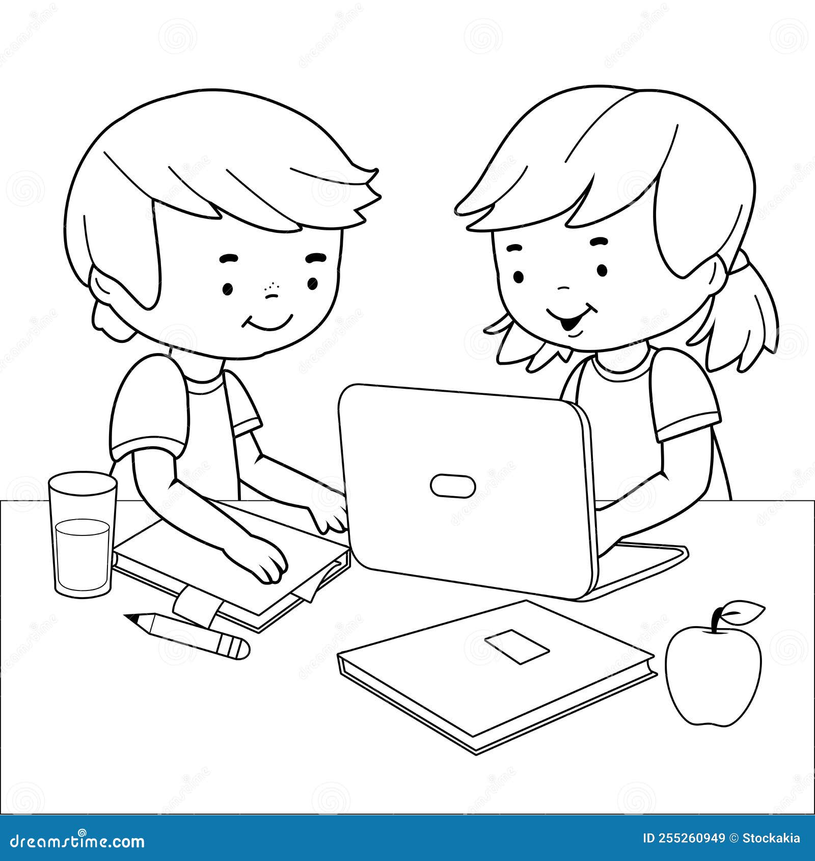 Students doing homework using a puter vector black and white coloring page stock vector