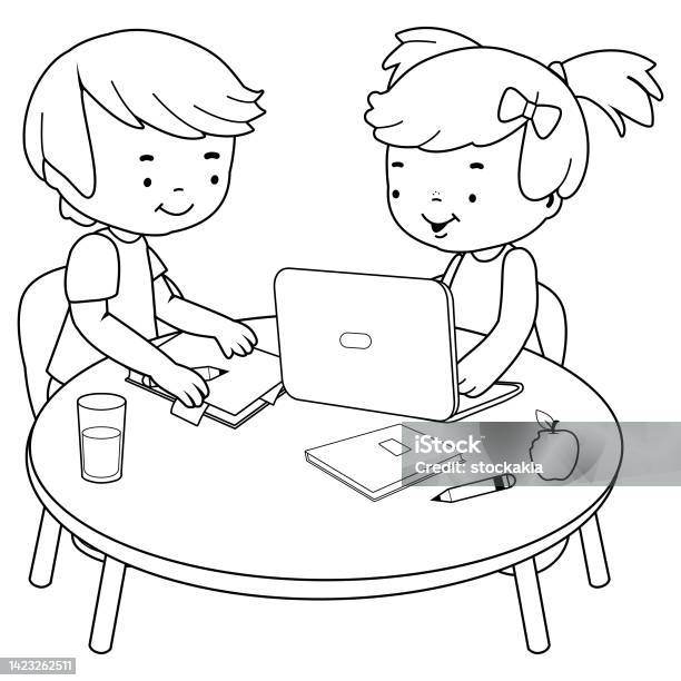 Boy doing his homework on the puter vector black and white coloring page stock illustration