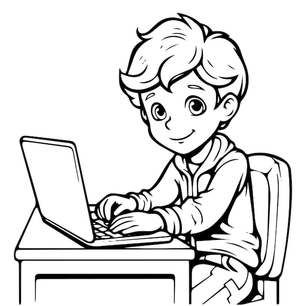 Premium vector line art cute boy with a laptop coloring page vector illustration