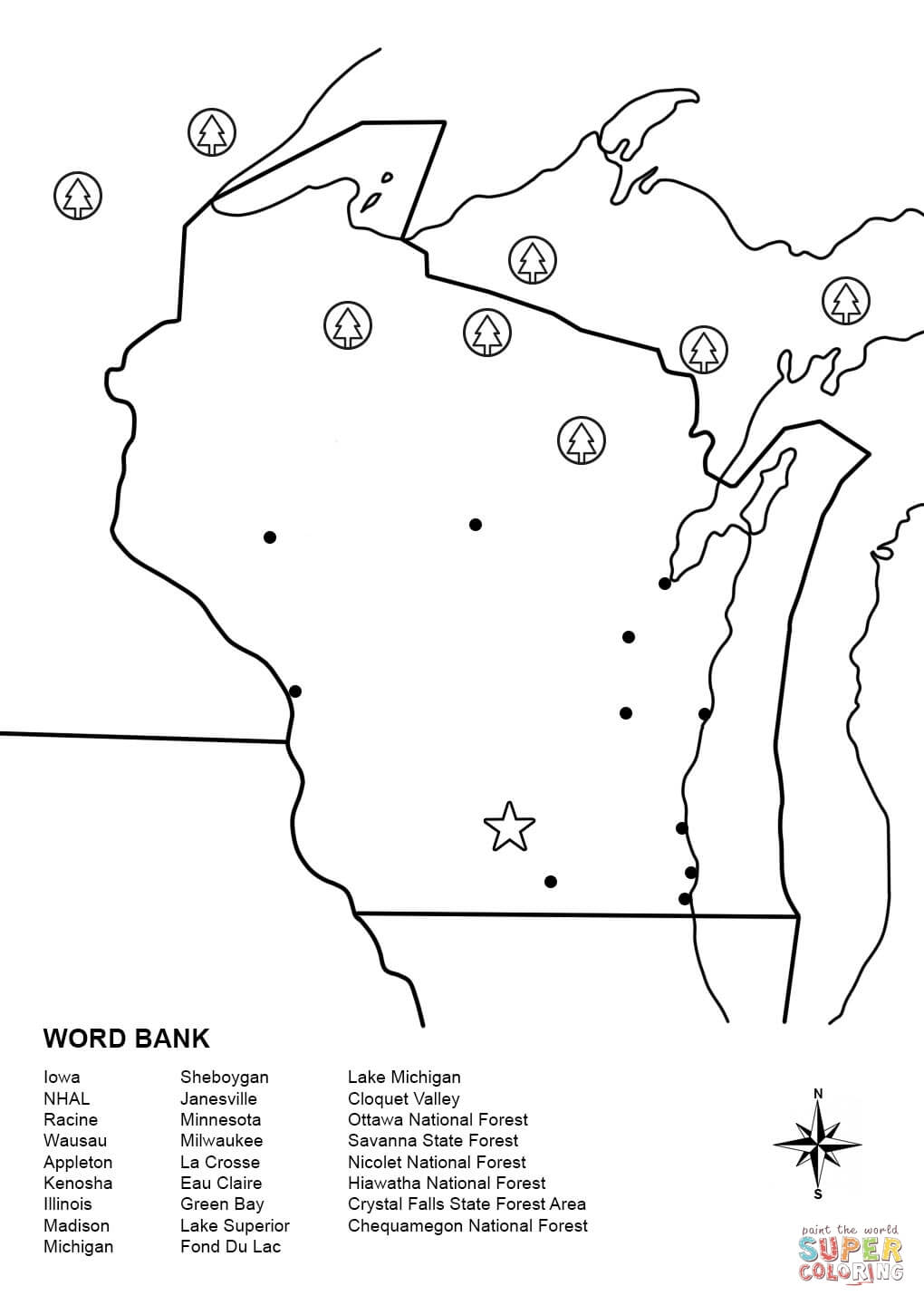 Wisconsin map worksheet coloring page free printable coloring pages