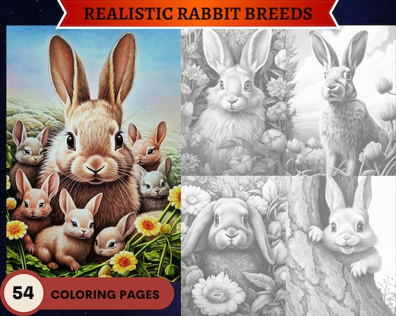 Razas de conejos realistas especies pãginas para colorear en escala de grises pãginas para colorear imprimibles para adultos y niãos descargar ilustraciãn en escala de grises