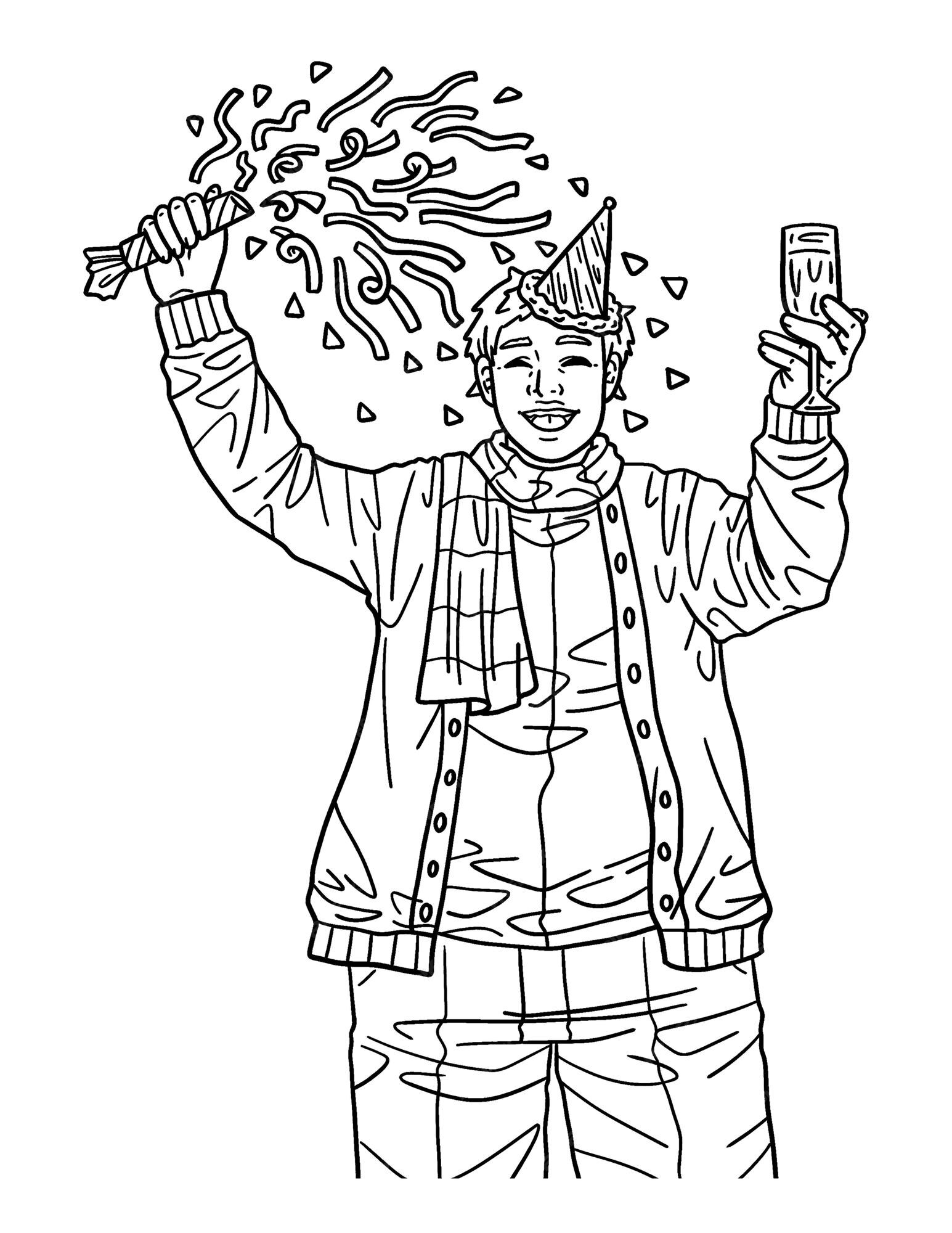 Premium vector a cute and beautiful coloring page of a man and confetti provides hours of coloring fun for adults